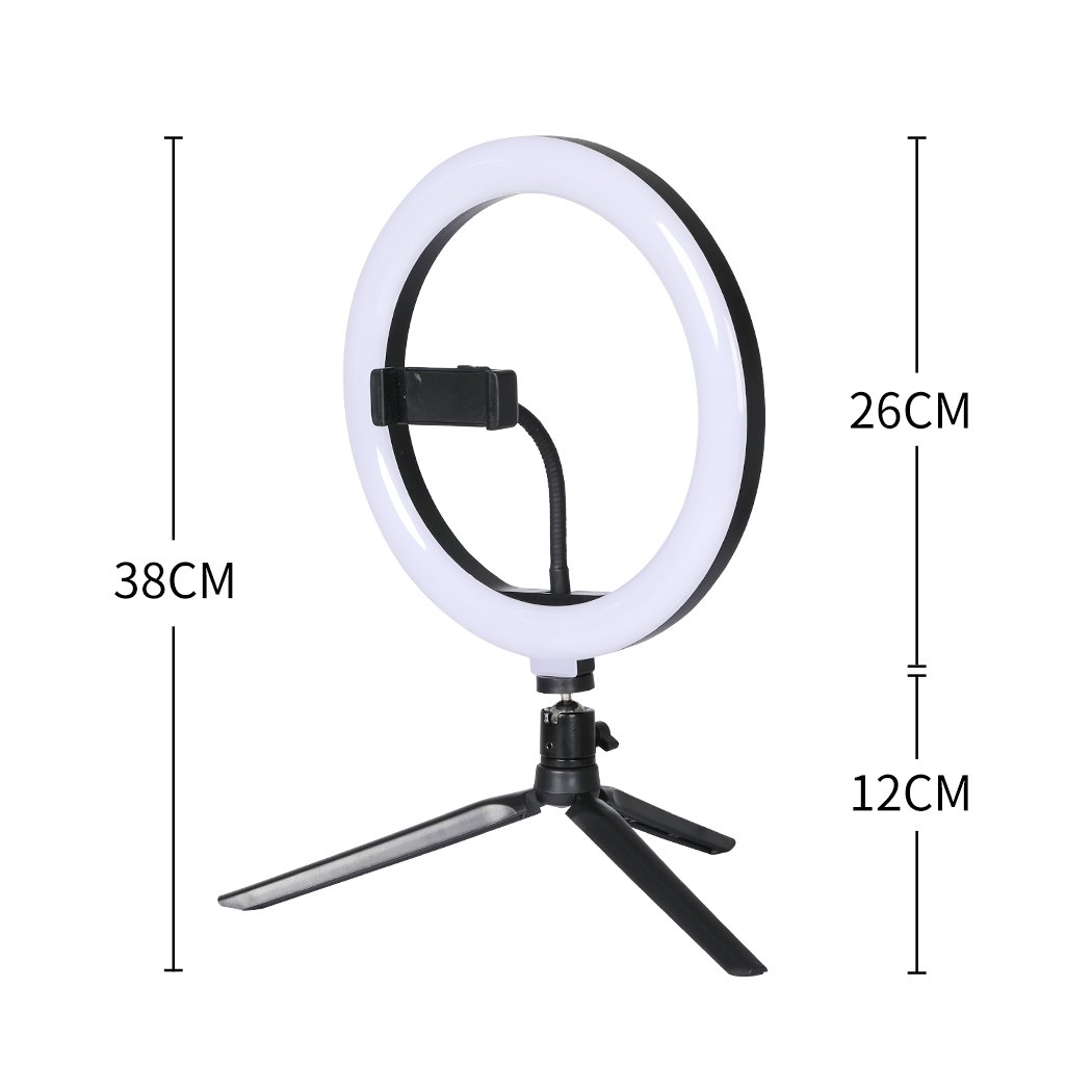 LED Ring Light with Tripod Stand and Phone Holder, showcasing adjustable brightness and color temperature for photography and video.